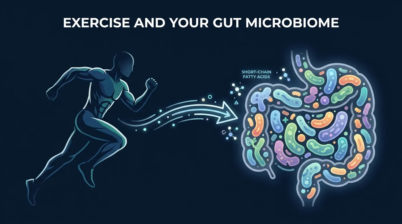 Editorial illustration showing how exercise connects to a diverse gut microbiome producing short-chain fatty acids