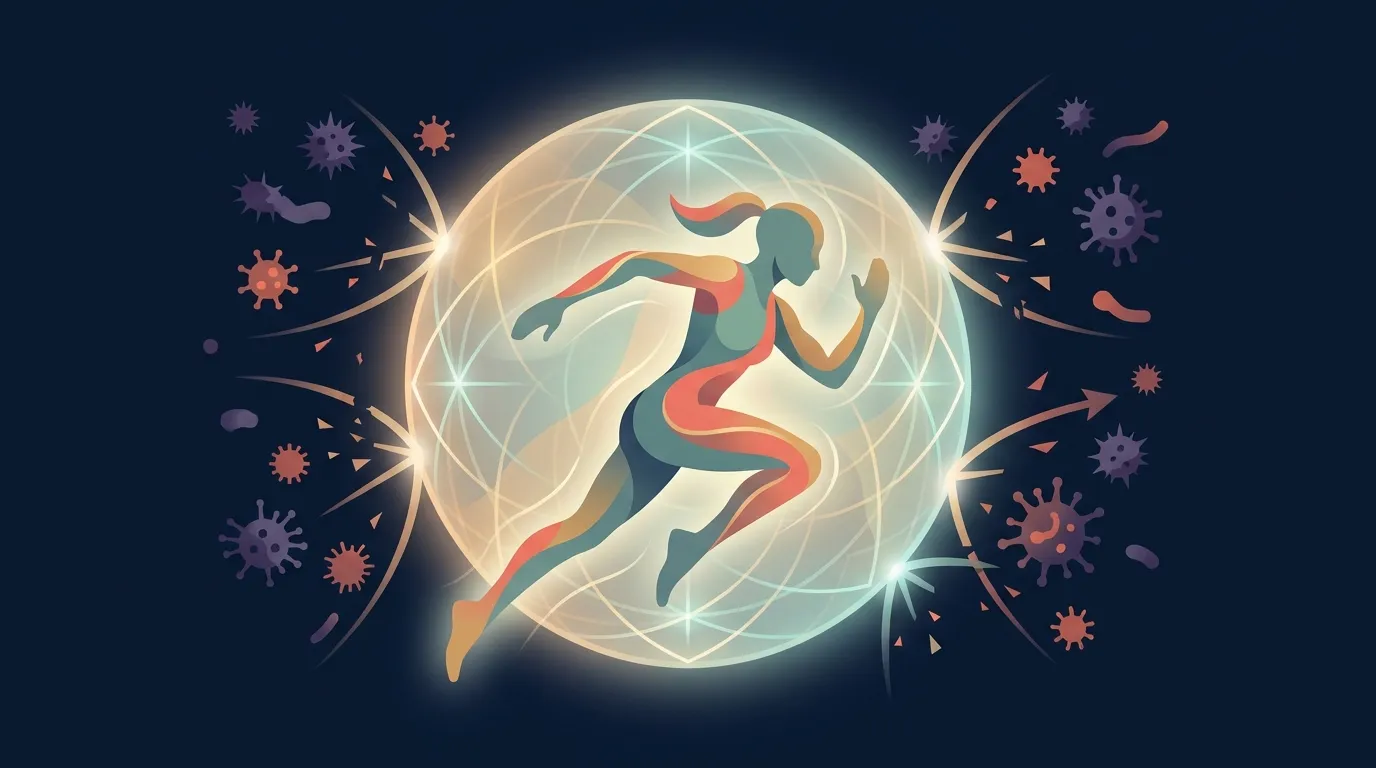Conceptual illustration of physical activity linked to lower risk of community-acquired infectious disease, based on the 2021 Chastin meta-analysis showing about 31% lower infection risk in regular exercisers.