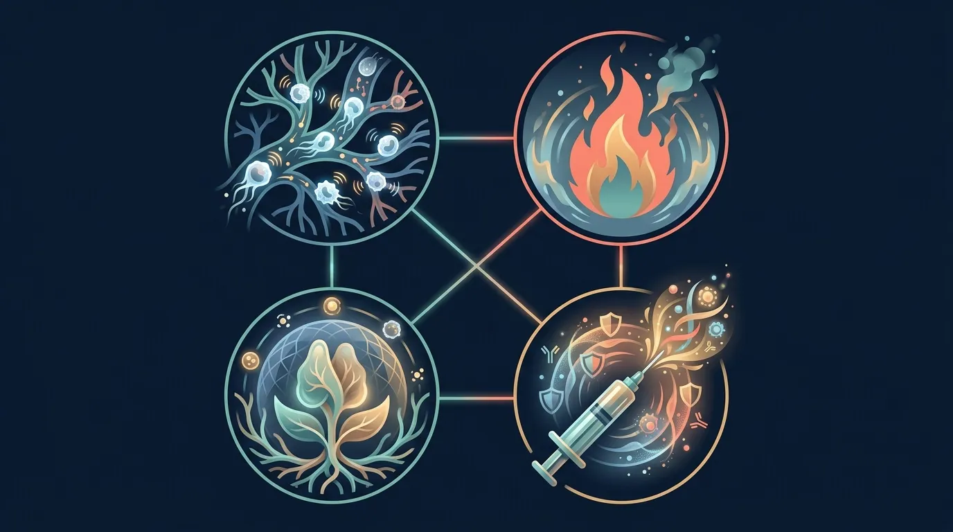 Diagram showing four pathways by which regular exercise supports the immune system: enhanced immune cell trafficking and surveillance, reduced low-grade systemic inflammation, preservation of thymic function and naive T cell output, and improved vaccine response.