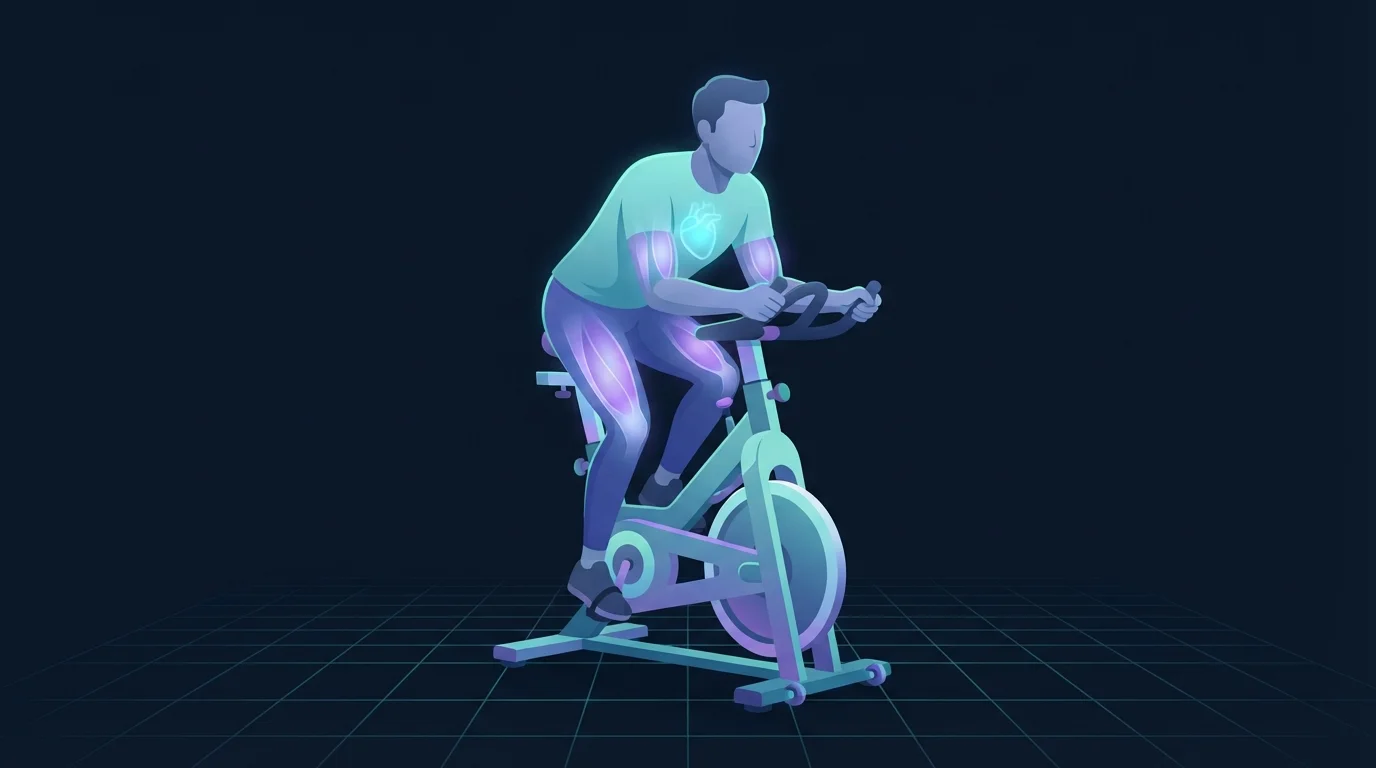 Illustrated figure driving hard on a spin-style stationary bike with the chest and heart region glowing cyan and the quadriceps glowing violet, a faint teal grid receding behind