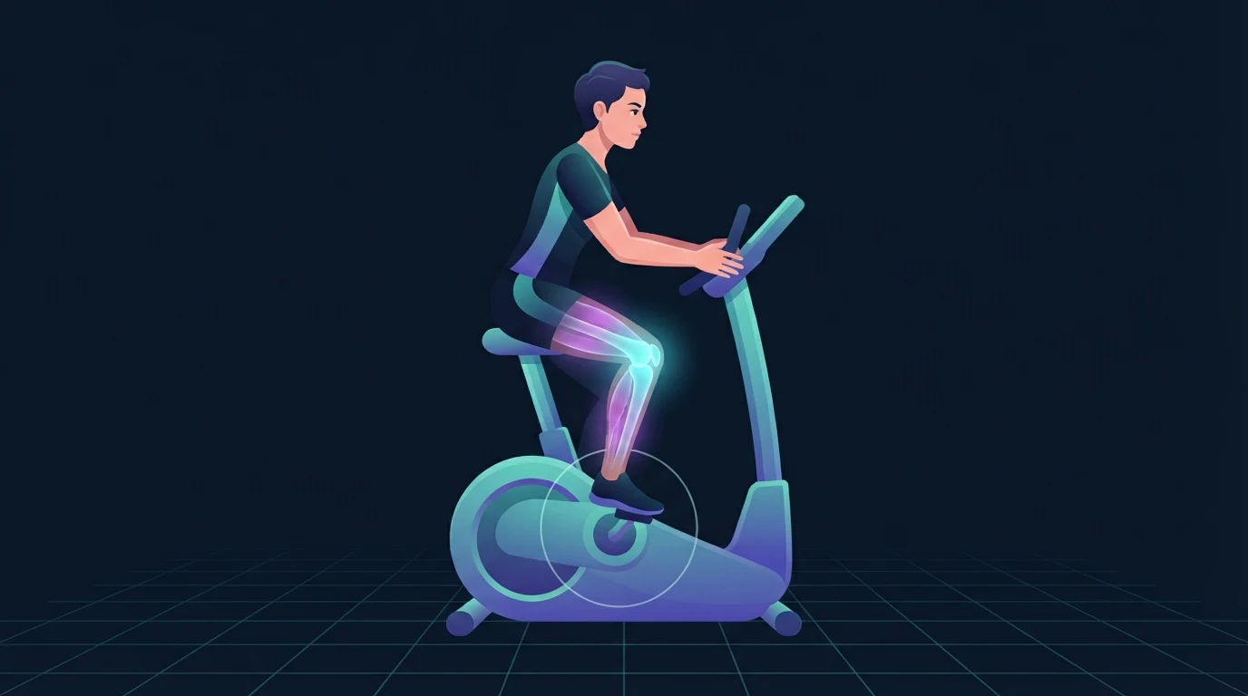 Illustrated figure seated on a stationary exercise bike in side view, the knee joint glowing bright cyan and a faint circular arc tracing the fixed path of the pedal, with the quadriceps and calf glowing violet behind it
