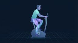 Illustrated figure riding an upright stationary exercise bike in side view, hands on the bars and torso tall, with the quadriceps, glutes and calves glowing in translucent violet and cyan