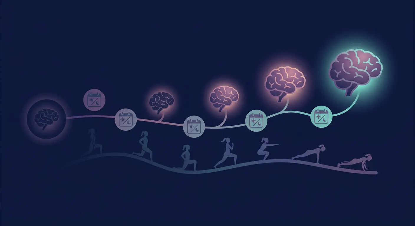 Visual timeline showing progressive brain benefits from consistent exercise over weeks and months of regular training