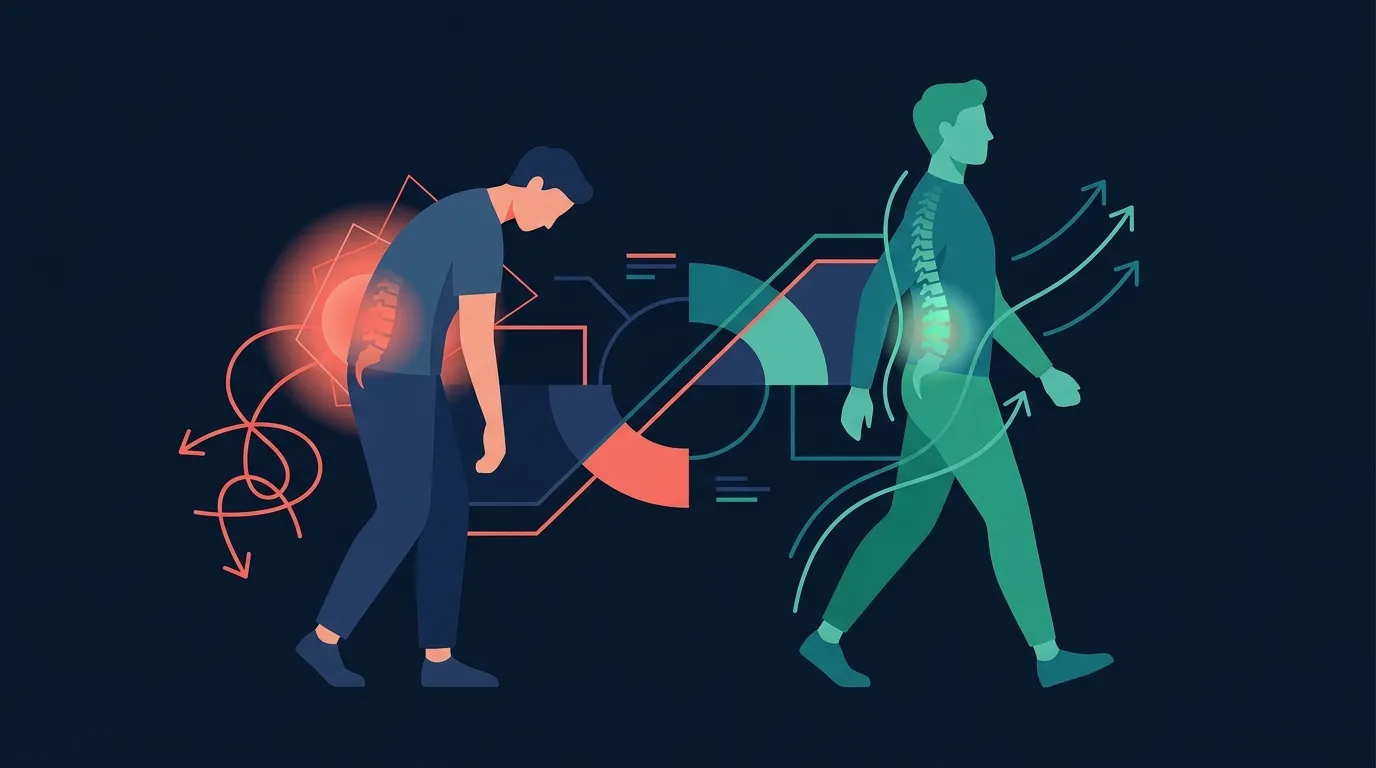 Conceptual illustration showing that structured exercise beats bed rest for chronic lower back pain with all major training modalities clustering in a similar effectiveness band