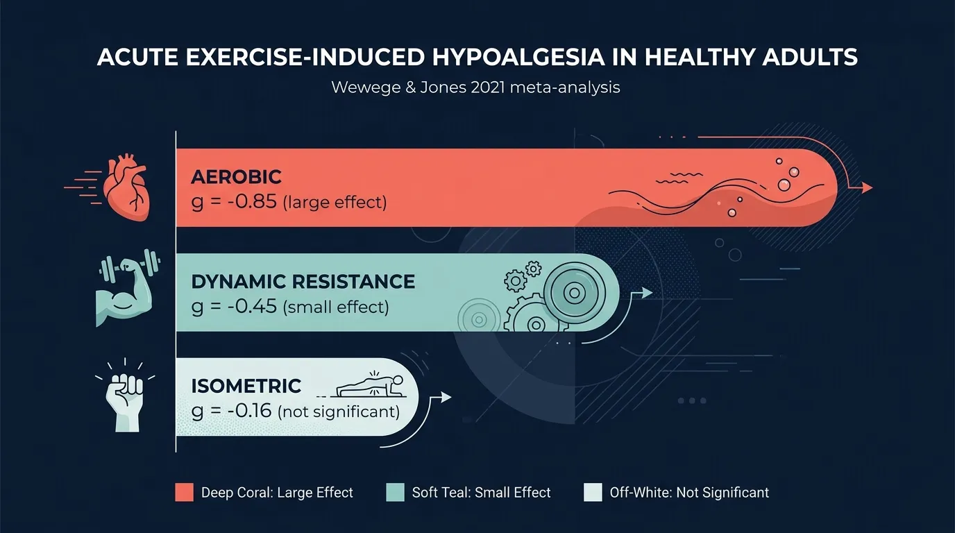Bar chart comparing pain-reduction effect sizes across exercise modalities in healthy adults from Wewege and Jones 2021 meta-analysis. Aerobic exercise shows large hypoalgesia at g=-0.85. Dynamic resistance shows small hypoalgesia at g=-0.45. Isometric shows no significant acute effect.
