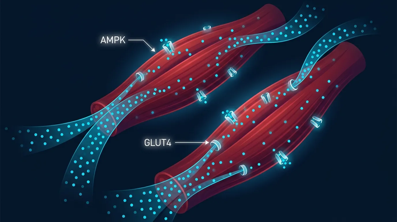 Editorial illustration of skeletal muscle fibers with glucose molecules being pulled in through GLUT4 channels during exercise