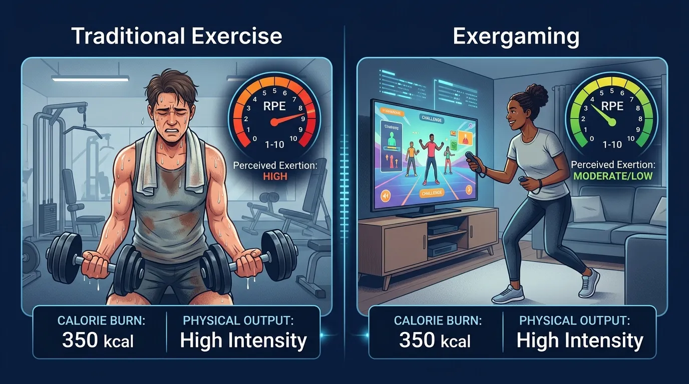 Comparison of perceived exertion between traditional exercise and exergaming showing how game-based fitness reduces perceived effort while maintaining the same physical output