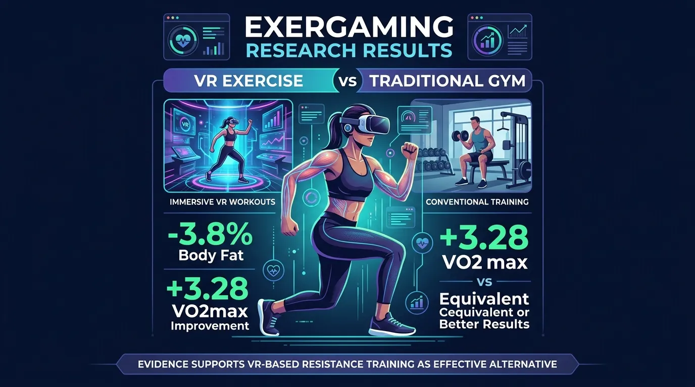 Exergaming research infographic showing VR resistance training results with 3.8 percent body fat reduction and 3.28 VO2max improvement compared to conventional training