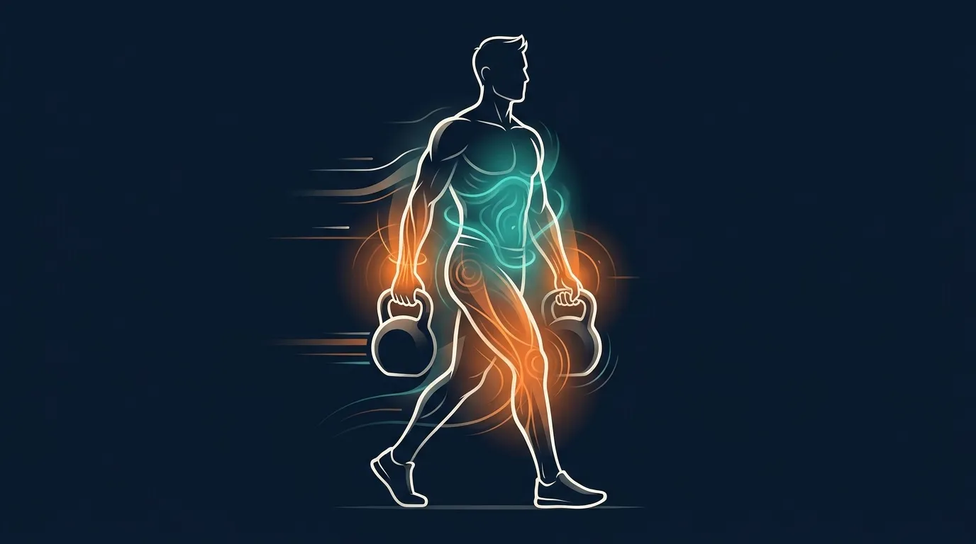 Conceptual illustration of a person carrying heavy weights in each hand while walking, showing the grip, trunk, and lower-body regions loaded simultaneously