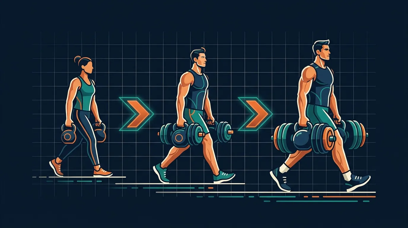 Conceptual illustration comparing farmer's carry load progression from a beginner's third-of-bodyweight load to an intermediate bodyweight-total load over distance