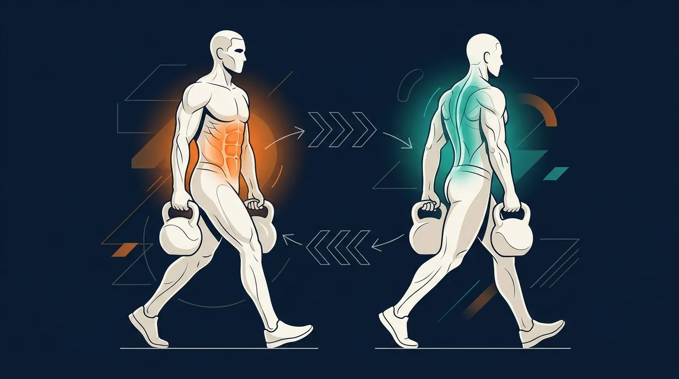 Conceptual illustration showing the abdominal muscles firing on stance phase and the back extensors firing on swing phase during a loaded carry gait cycle
