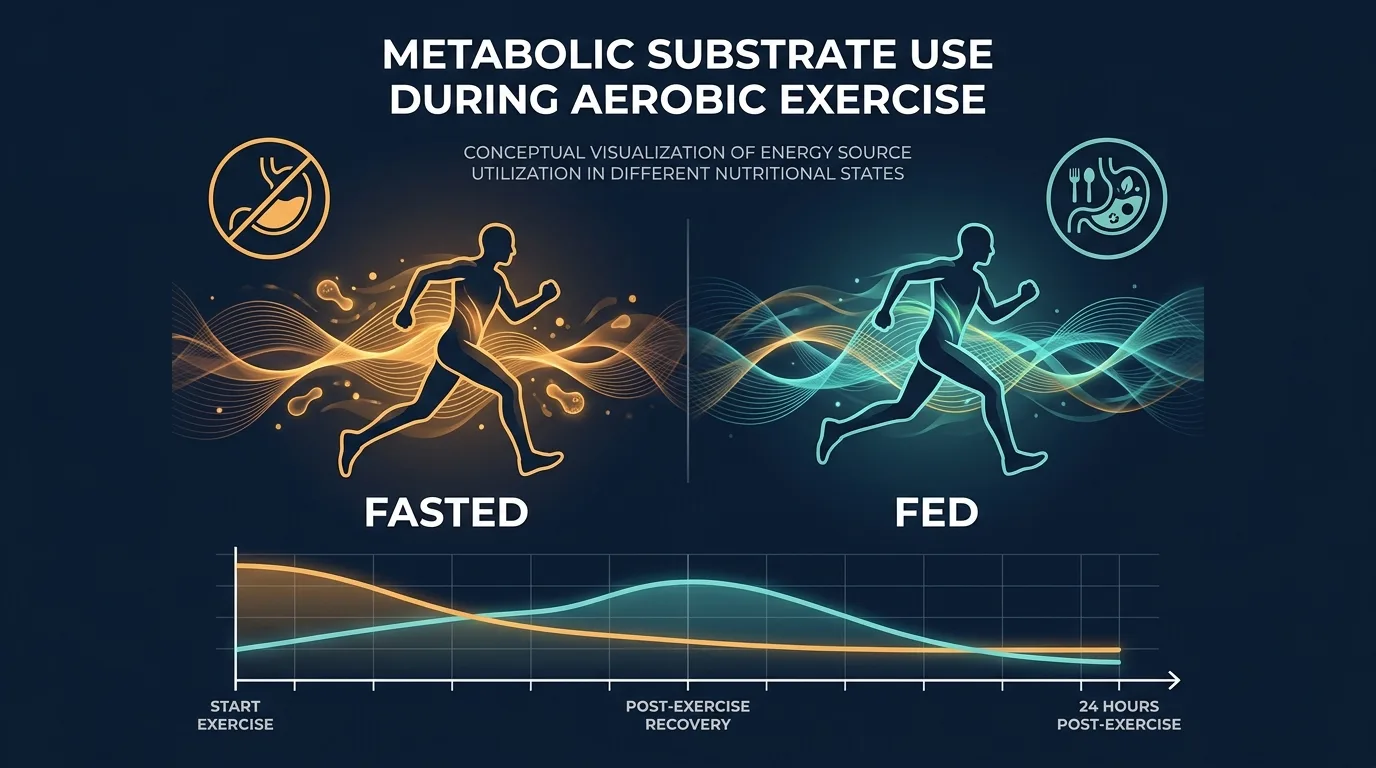 Conceptual illustration showing the metabolic difference between fasted and fed aerobic exercise with fat and carbohydrate substrate use during a morning workout