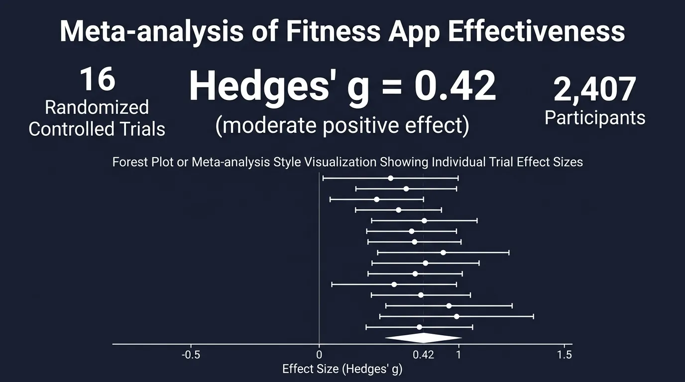 Research data visualization showing fitness app effectiveness from 16 randomized controlled trials with 2407 participants and a positive effect size of Hedges g equals 0.42