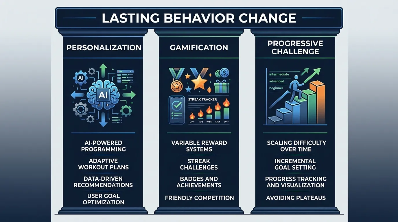 Three pillars of effective fitness app design: personalization with adaptive programming, gamification with variable rewards, and progressive challenge scaling supporting lasting behavior change