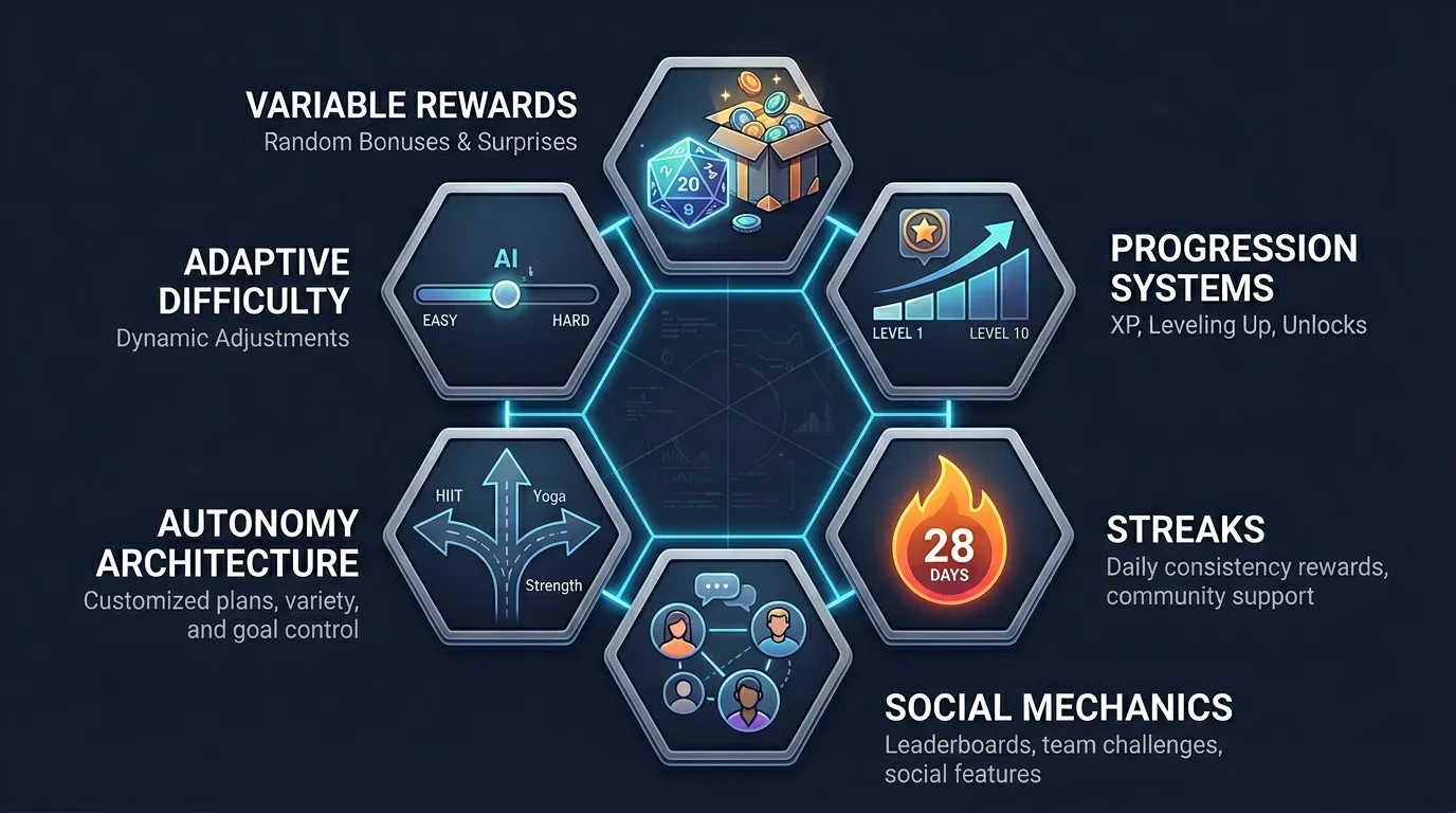 Six interconnected gamification mechanics for fitness: variable rewards, progression systems, streaks, social mechanics, autonomy architecture, and adaptive difficulty