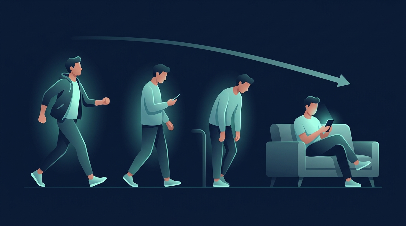 Sequence of the same adult shifting from walking to sitting on a couch beneath a downward-sloping arrow, illustrating reduced daily activity after starting a GLP-1