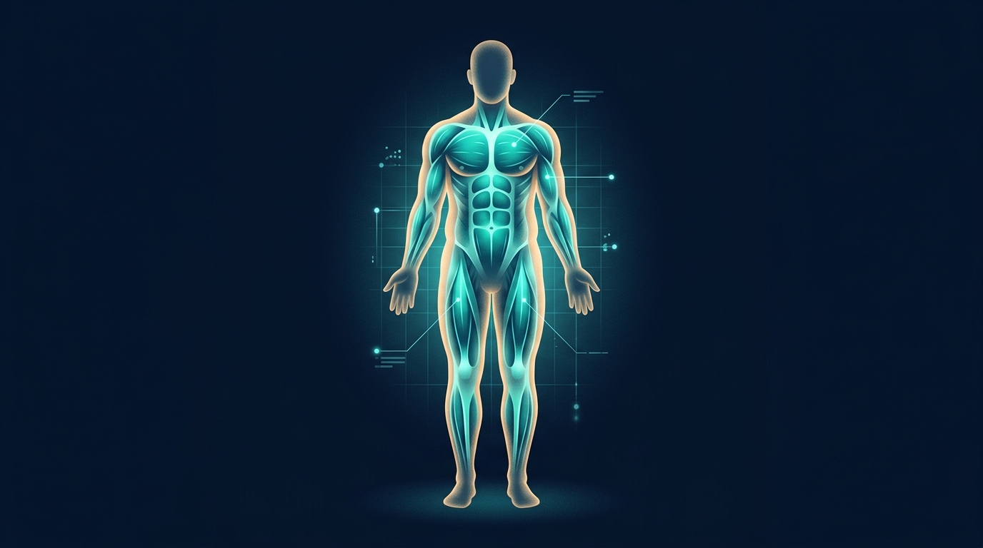 Body-composition visualization of a standing figure showing glowing lean muscle beneath an outer fat layer, illustrating what weight loss removes on a GLP-1