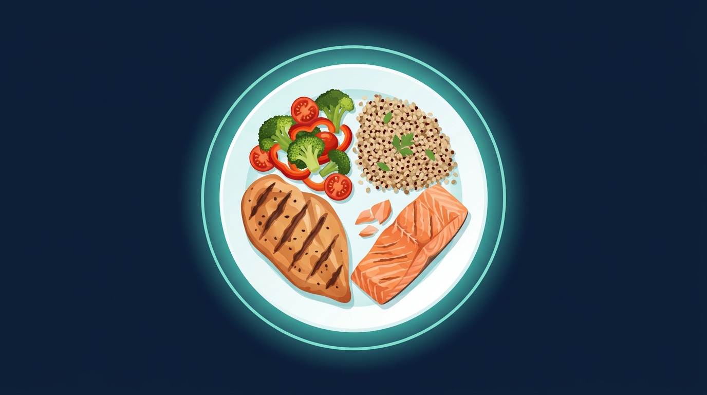 Overhead view of a balanced plate with a large grilled chicken and salmon portion filling half the plate alongside vegetables and grains