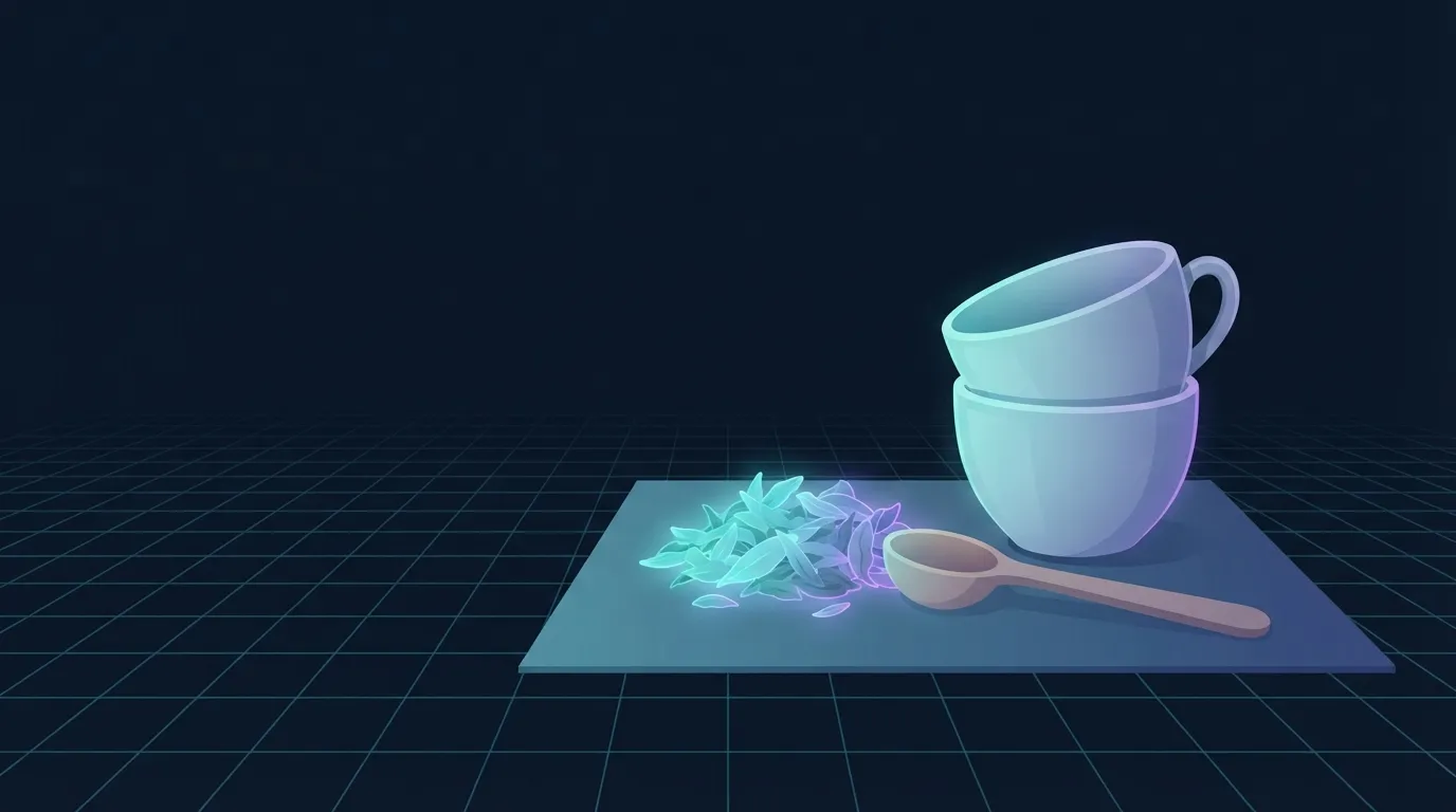 Illustration of a stack of loose green tea leaves and a small measuring spoon on a wooden countertop, showing the concentration of catechins that trial-grade doses require