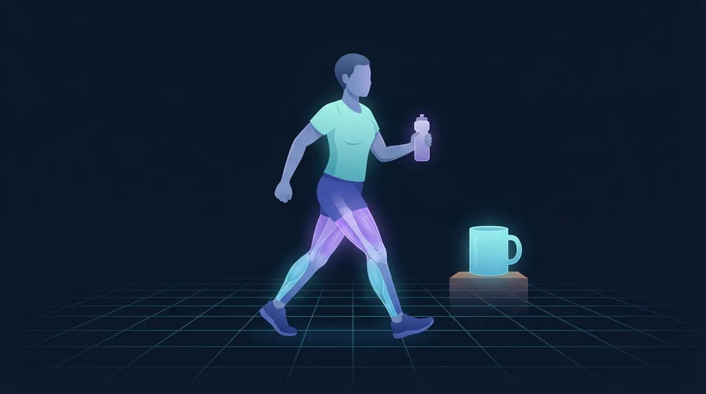 Illustration of a person walking on a park path in athletic clothing, a water bottle in hand, showing that the human trials paired green tea catechins with exercise and modest caloric restraint