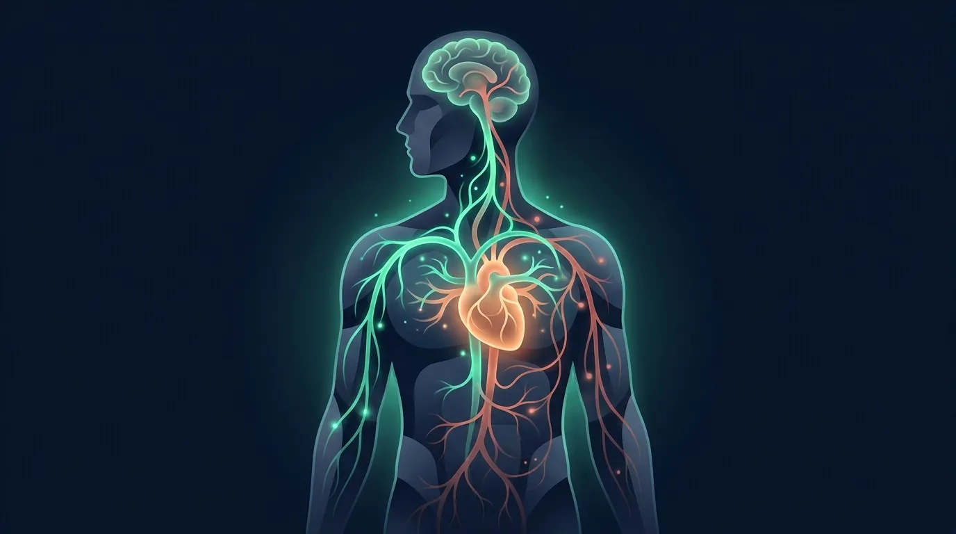 Conceptual illustration of the vagus nerve reactivating in the first minute of post-exercise recovery, with sympathetic outflow winding down more slowly
