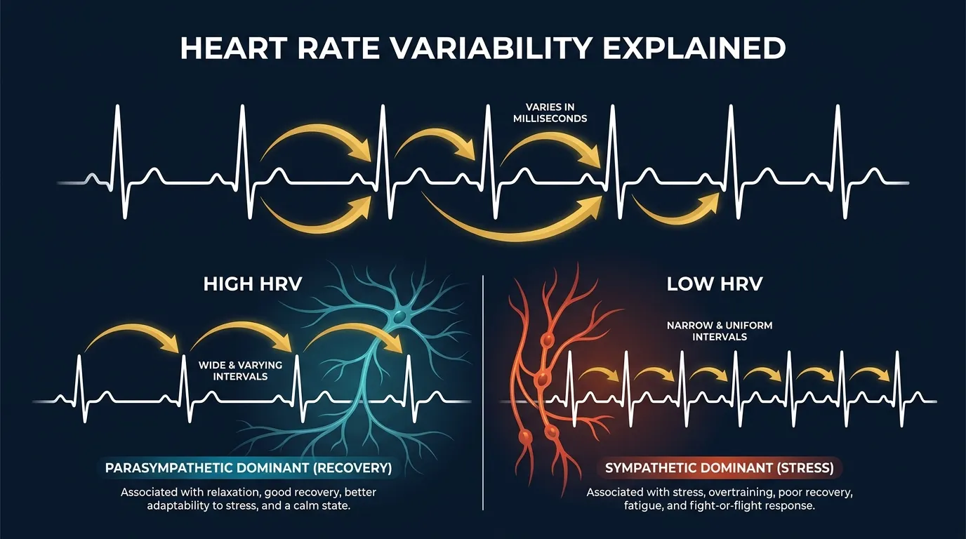 Conceptual diagram showing heart rate variability as the millisecond beat to beat variation between heartbeats with higher variability indicating parasympathetic nervous system dominance and lower variability indicating sympathetic dominance