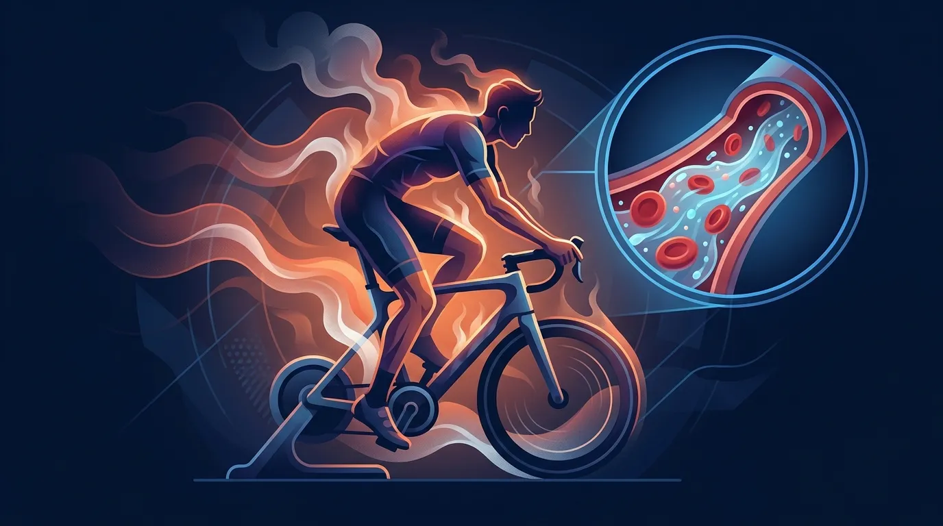 Conceptual illustration of an endurance athlete sweating in a hot environment with plasma volume expansion and cardiovascular adaptations visualized