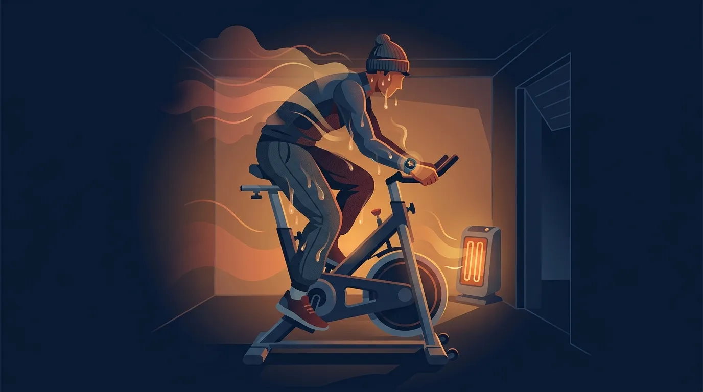 Conceptual illustration showing a home-based heat acclimation setup with a stationary bike, overdressing, and a heart rate monitor