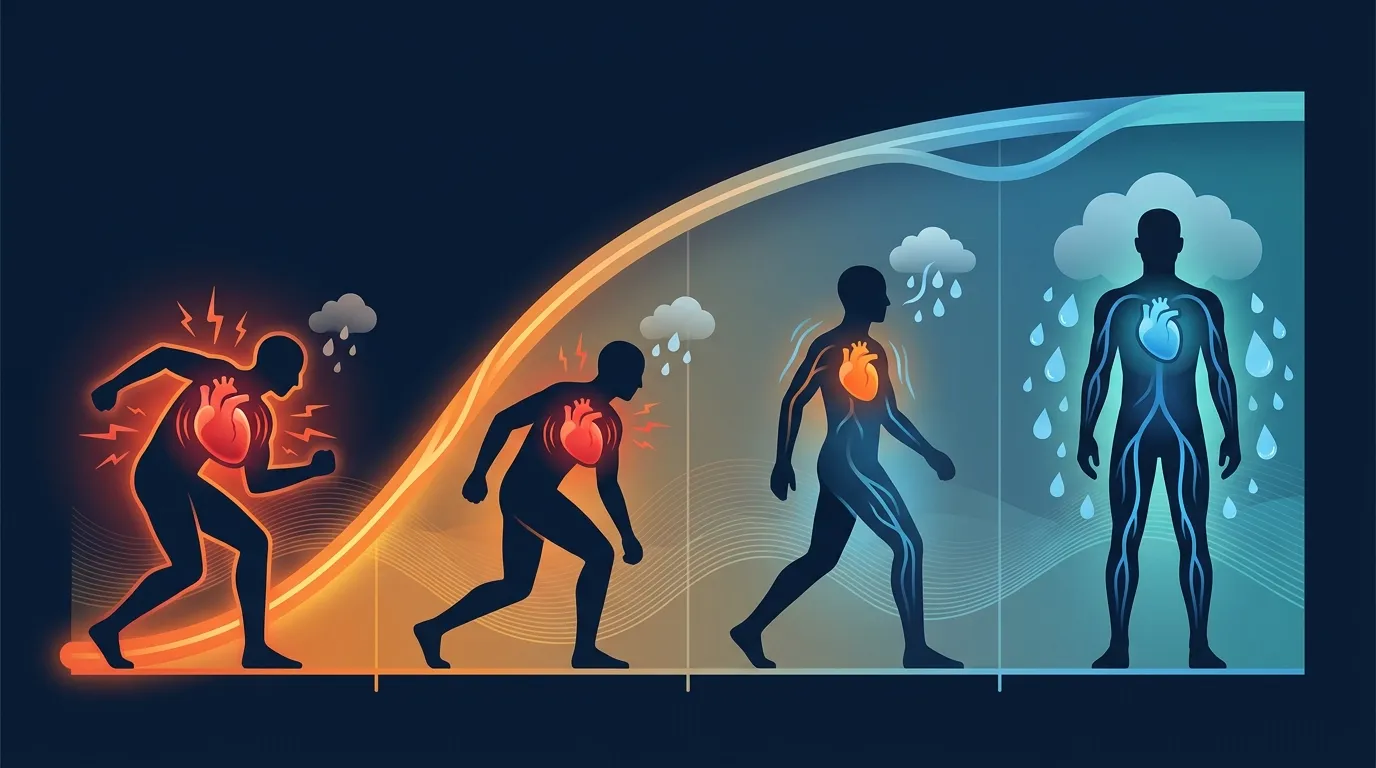 Conceptual timeline illustration showing physiological adaptations to heat acclimation across a 14-day loading block, with plasma volume expansion appearing first