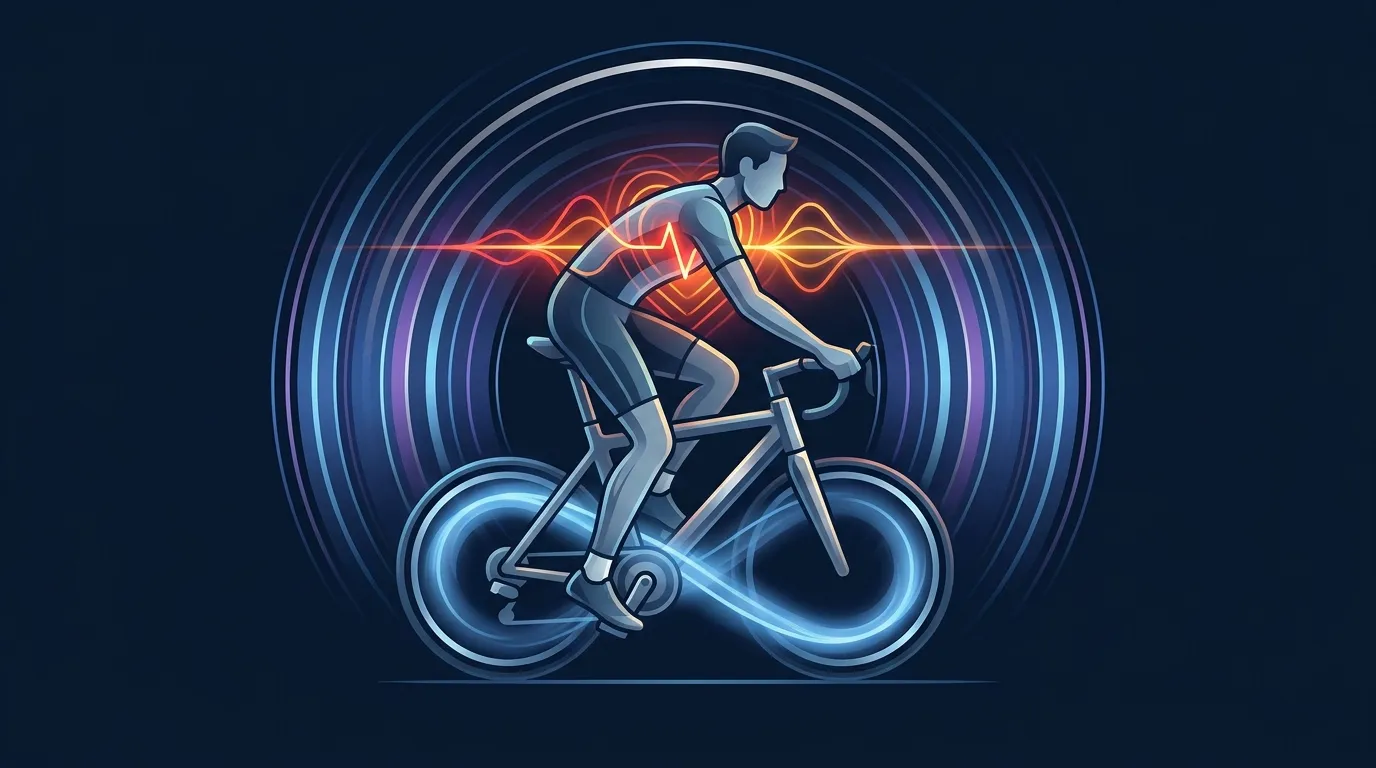 Conceptual illustration of a person cycling on a stationary bike surrounded by markers of high heart rate and low ground reaction force, representing high-intensity low-impact training