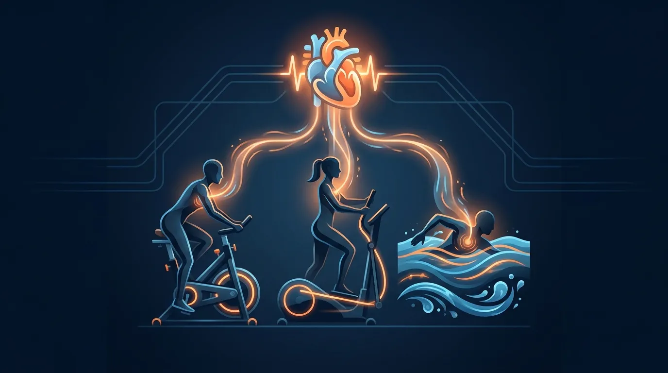 Conceptual visualization of three HILIT modalities (stationary bike, elliptical, and pool-based intervals) as parallel paths delivering equivalent cardiorespiratory adaptation