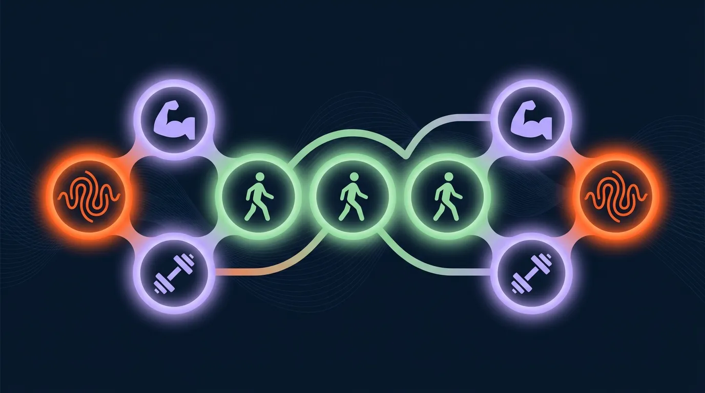 Conceptual visualization of a weekly training plan pairing two HILIT sessions with strength training and daily walking, illustrating the recommended shape for most adults