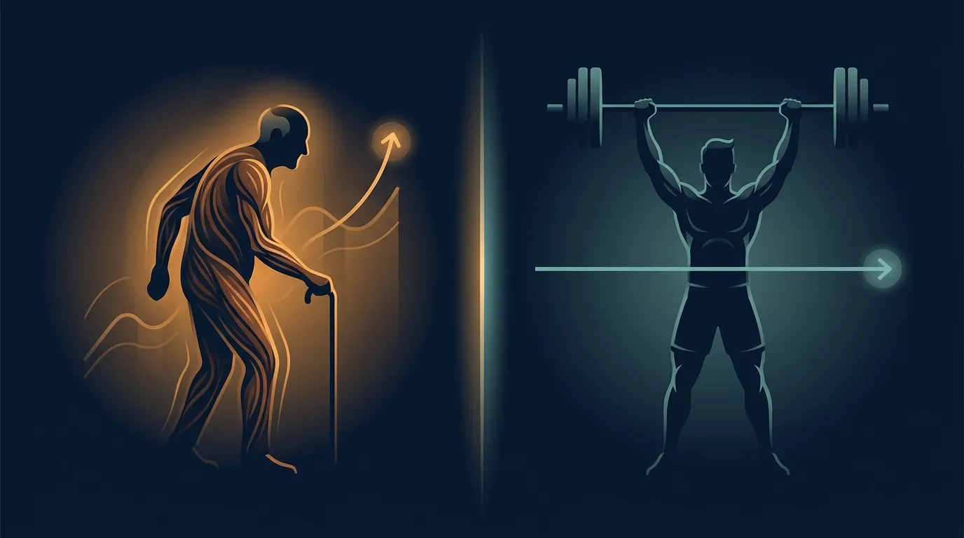 Conceptual split illustration contrasting an older adult recovering from bed rest with a young resistance-trained lifter, showing where HMB helps and where the evidence is weaker