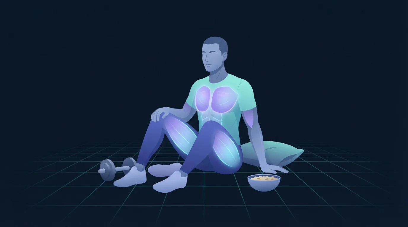 Illustration of a person seated on a teal grid floor beside a dumbbell, a bowl of food and a pillow, with the chest and thigh muscles glowing to show weekly sets, protein intake and sleep as the three levers that set the growth timeline