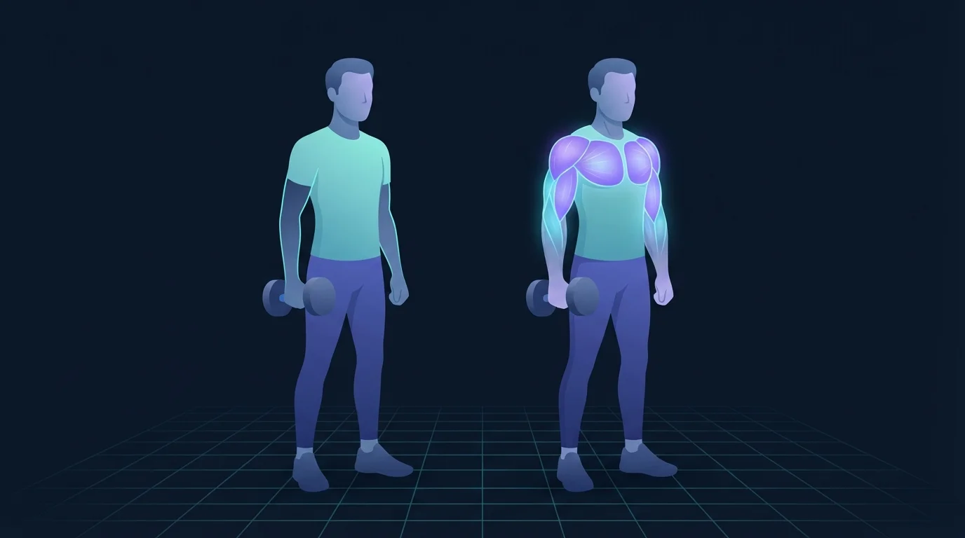 Illustration of two people of the same height standing on a teal grid floor holding dumbbells, the left one lean with a faint outline on the arm and the right one visibly more developed with the chest, shoulders and arms glowing, showing what months of training change and what weeks do not