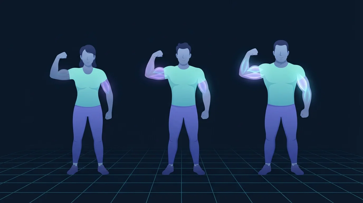 Illustration of three people standing side by side on a teal grid floor, each flexing one arm, with the upper arm of each glowing at a clearly different intensity to show the wide spread of individual growth responses to the same training program