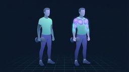 Illustration of two people of the same height standing on a teal grid floor holding dumbbells, the left one lean with a faint outline on the arm and the right one visibly more developed with the chest, shoulders and arms glowing, showing what months of training change and what weeks do not