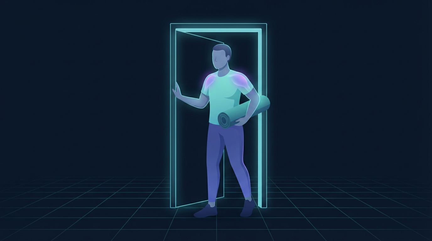 Illustration of a person standing in a doorway holding a rolled yoga mat, representing anchoring a new training habit to a reliable daily cue