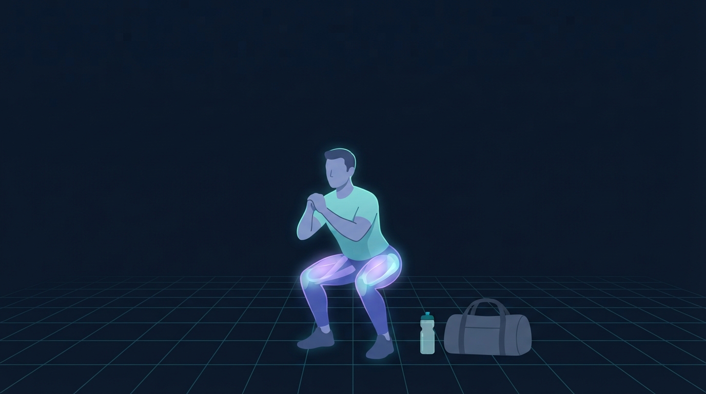 Illustration of a person performing a bodyweight squat beside a gym bag and water bottle, representing the four sessions a week needed to build an exercise habit