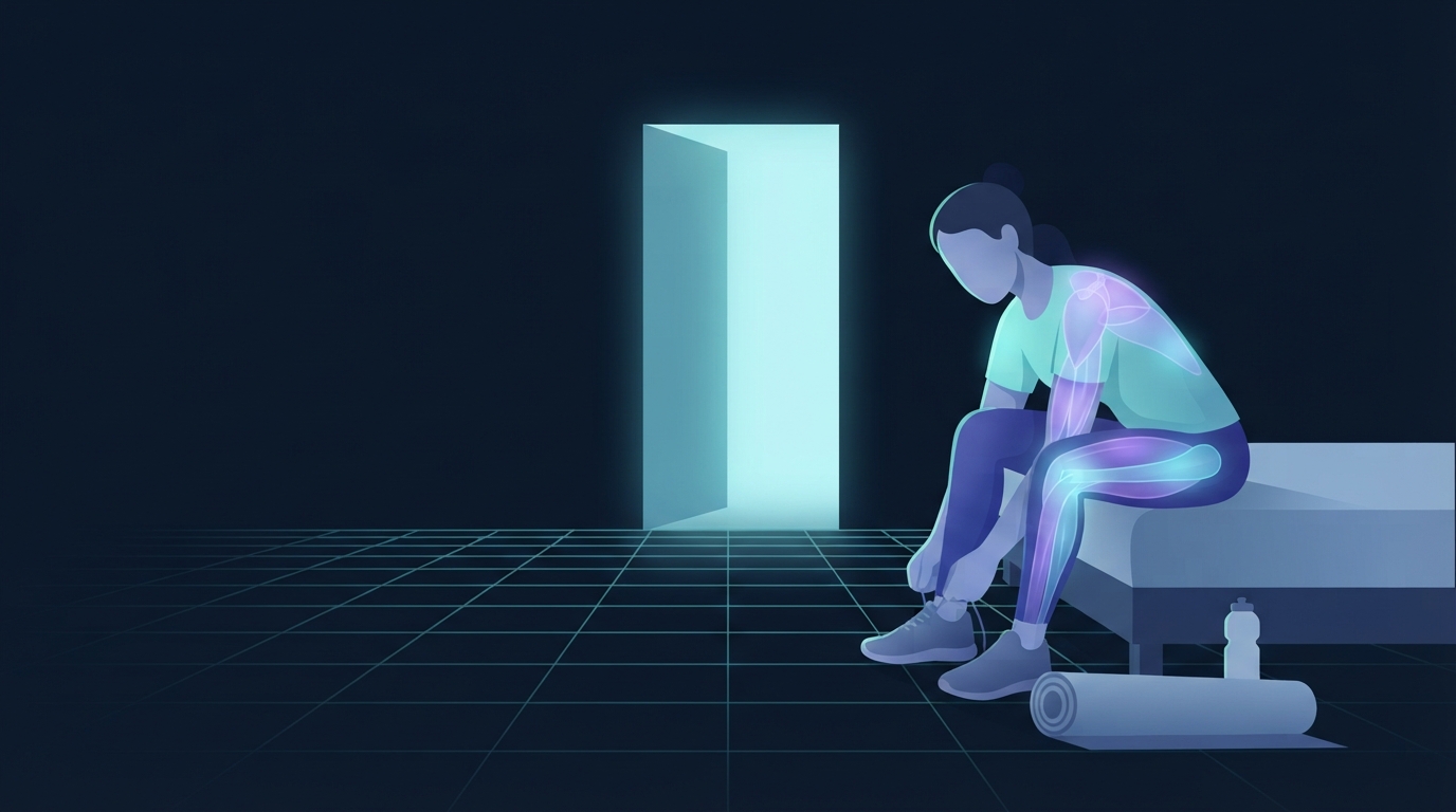 Illustration of a person sitting on the edge of a bed lacing a training shoe beside a rolled mat and water bottle, with a glowing doorway ahead, showing the daily repetition that builds an exercise habit