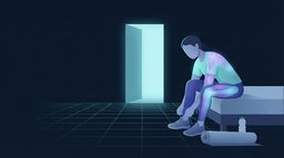 Illustration of a person sitting on the edge of a bed lacing a training shoe beside a rolled mat and water bottle, with a glowing doorway ahead, showing the daily repetition that builds an exercise habit