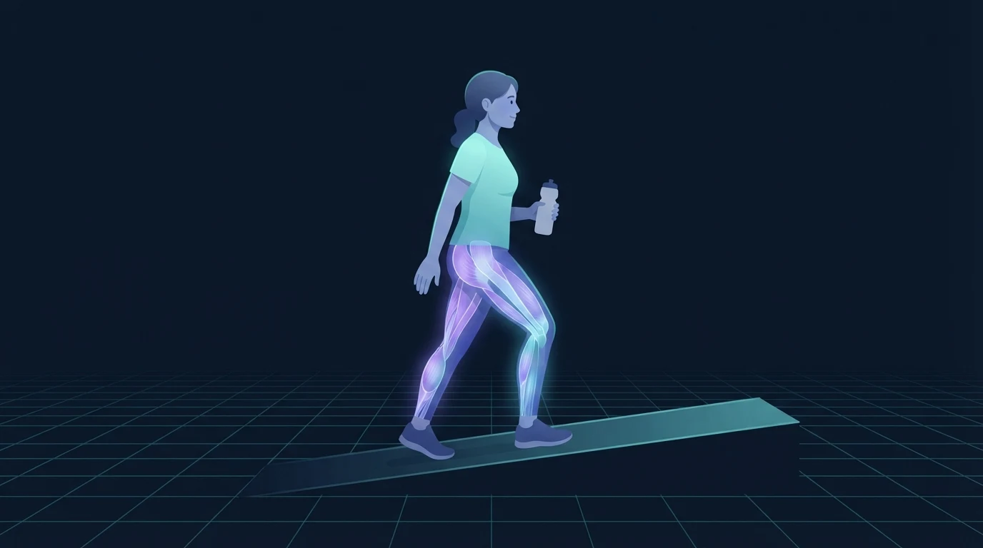 Illustration of an adult walking up a gentle ramp carrying a water bottle, with the calves, hamstrings and glutes glowing to show a brisk daily walk built into ordinary routine