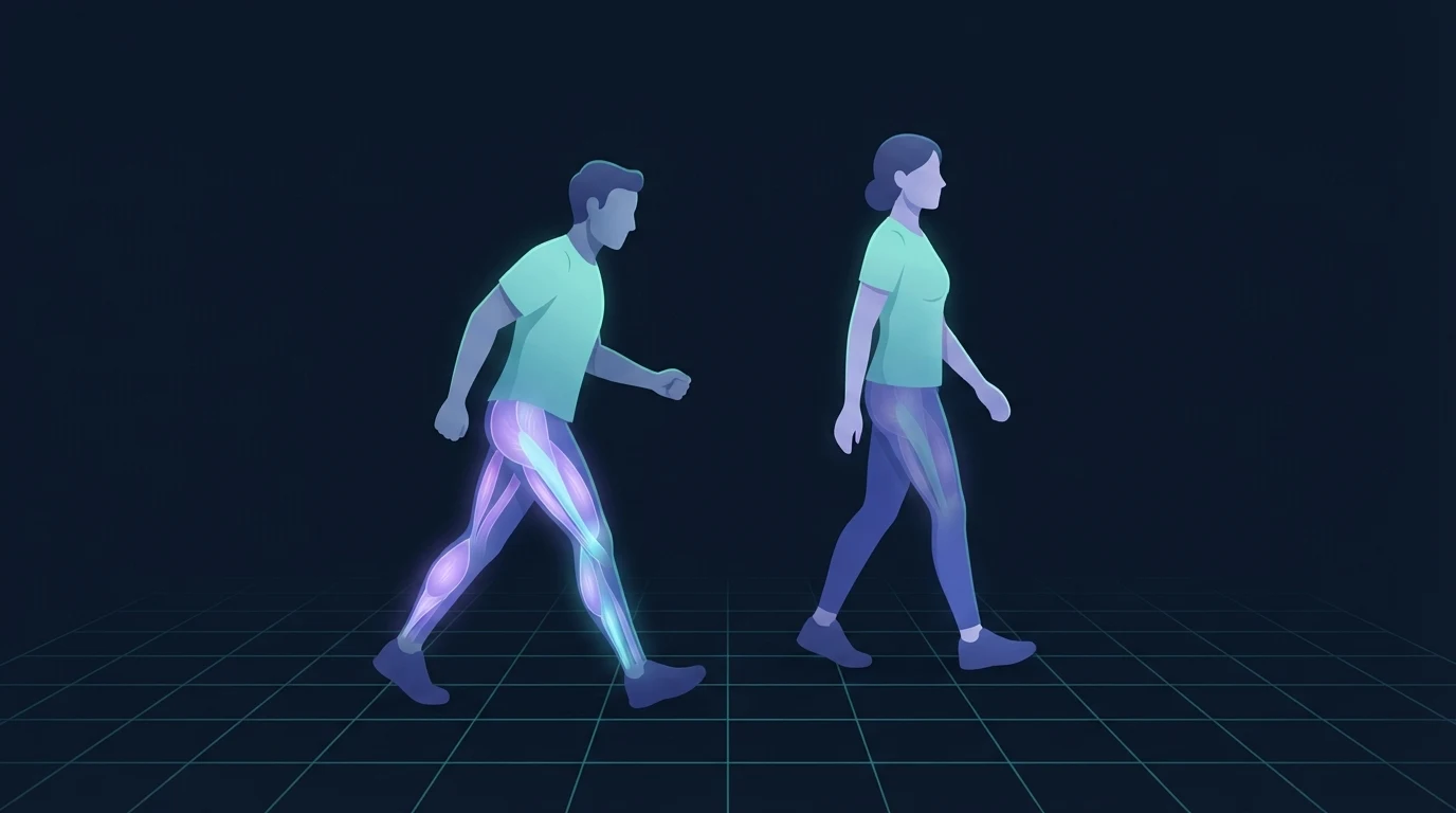 Illustration of two adults walking in the same direction, the one behind striding briskly with the calves, quadriceps and hamstrings glowing brightly and the one ahead strolling with a fainter glow