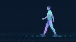 Illustration of an adult walking briskly with the calves, quadriceps and glutes glowing and a fading trail of light behind each footstep