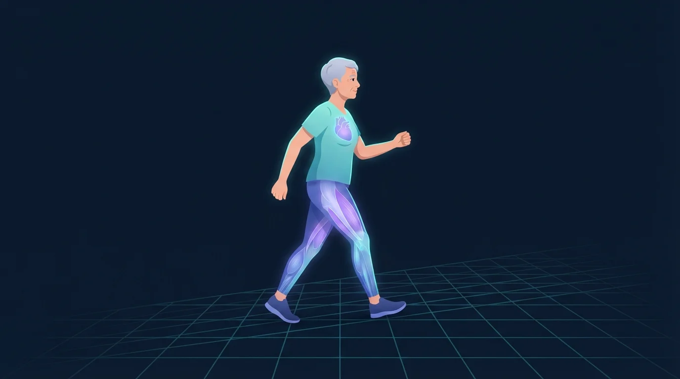 Illustration of an older adult walking briskly in profile across a teal grid floor with the heart and the thigh and calf muscles glowing softly