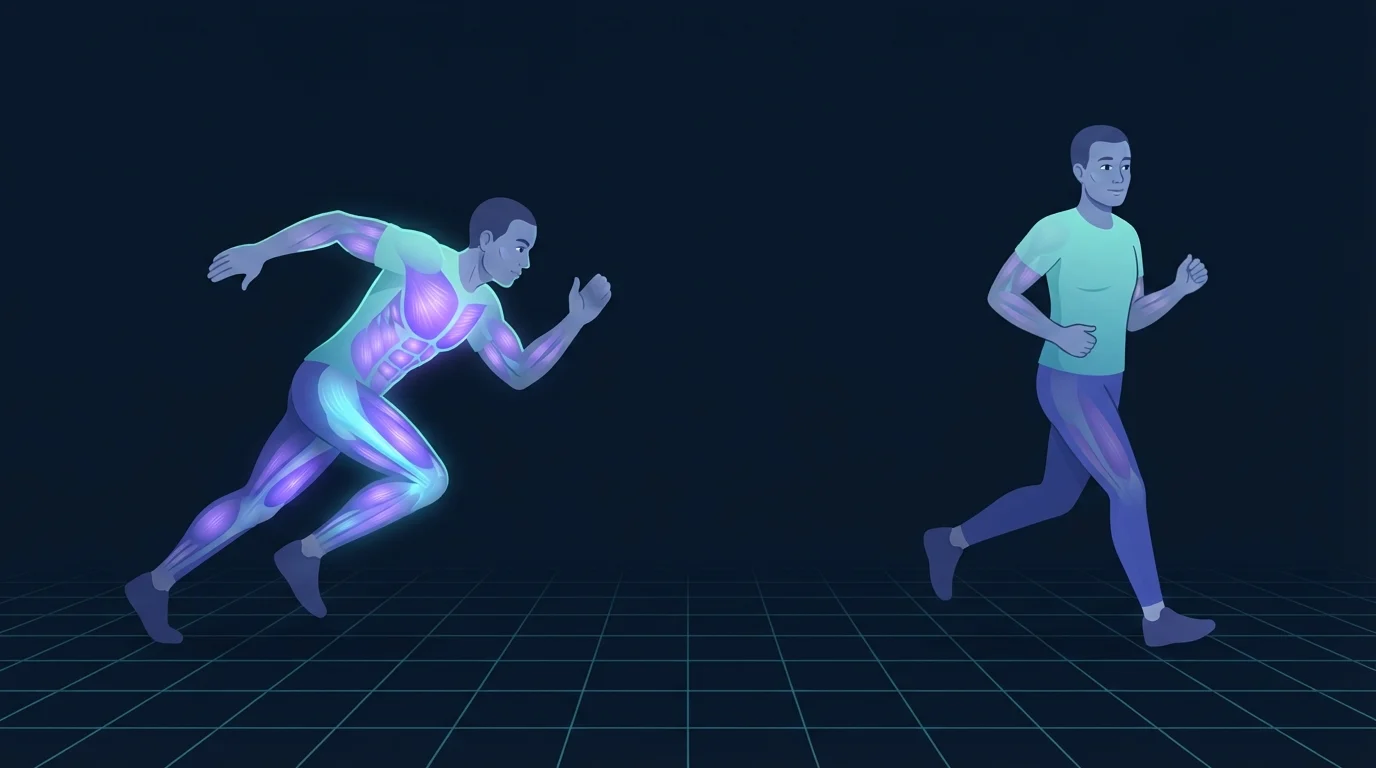 Illustration of two adults training side by side on a grid floor, one sprinting at full effort with a brightly glowing chest and legs and one jogging easily with a faint glow, contrasting interval and continuous training