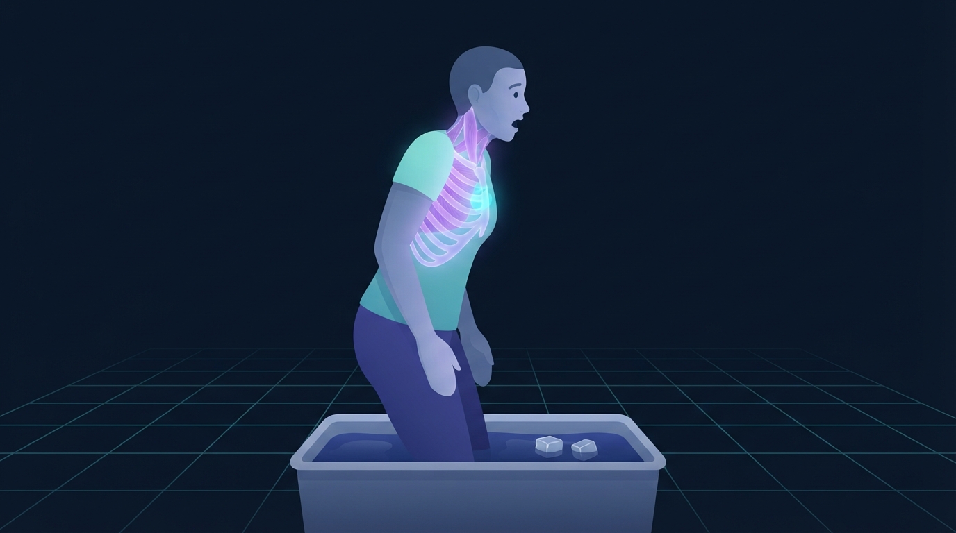 Editorial illustration of a person stepping into an ice bath at the moment of the involuntary gasp, with the ribcage, chest and neck breathing muscles glowing