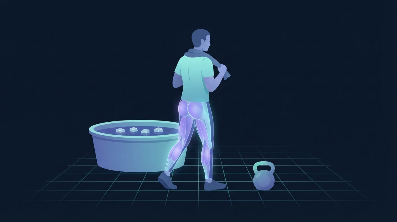 Editorial illustration of a person with a towel stepping away from an ice bath toward a kettlebell on the floor, with the legs, glutes and back glowing