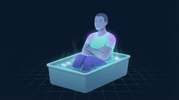 Editorial illustration of a person sitting chest-deep in a tub of ice water with vapor rising and the shoulders, chest and upper back glowing