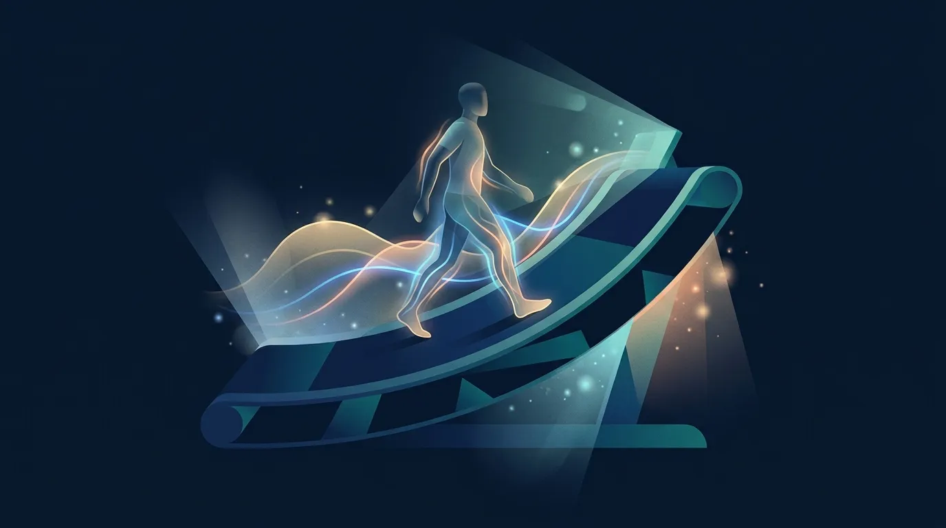 Conceptual illustration of an inclined treadmill belt with abstract energy flow lines suggesting elevated metabolic demand during uphill walking compared to level walking